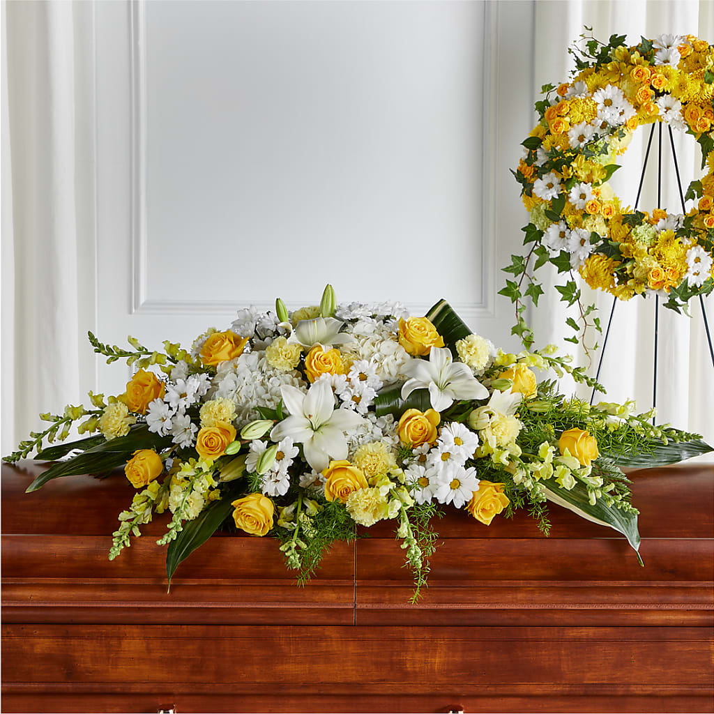 Golden Harmony Casket Spray – Greenery Plus Florist, Monroe NY