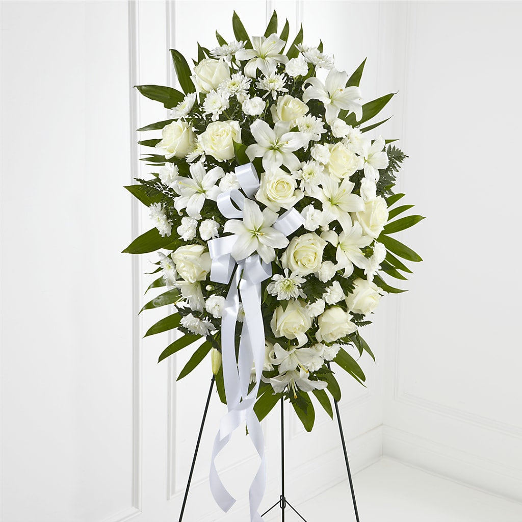 Exquisite Tribute Standing Spray-White Ribbon – Greenery Plus Florist, Monroe NY