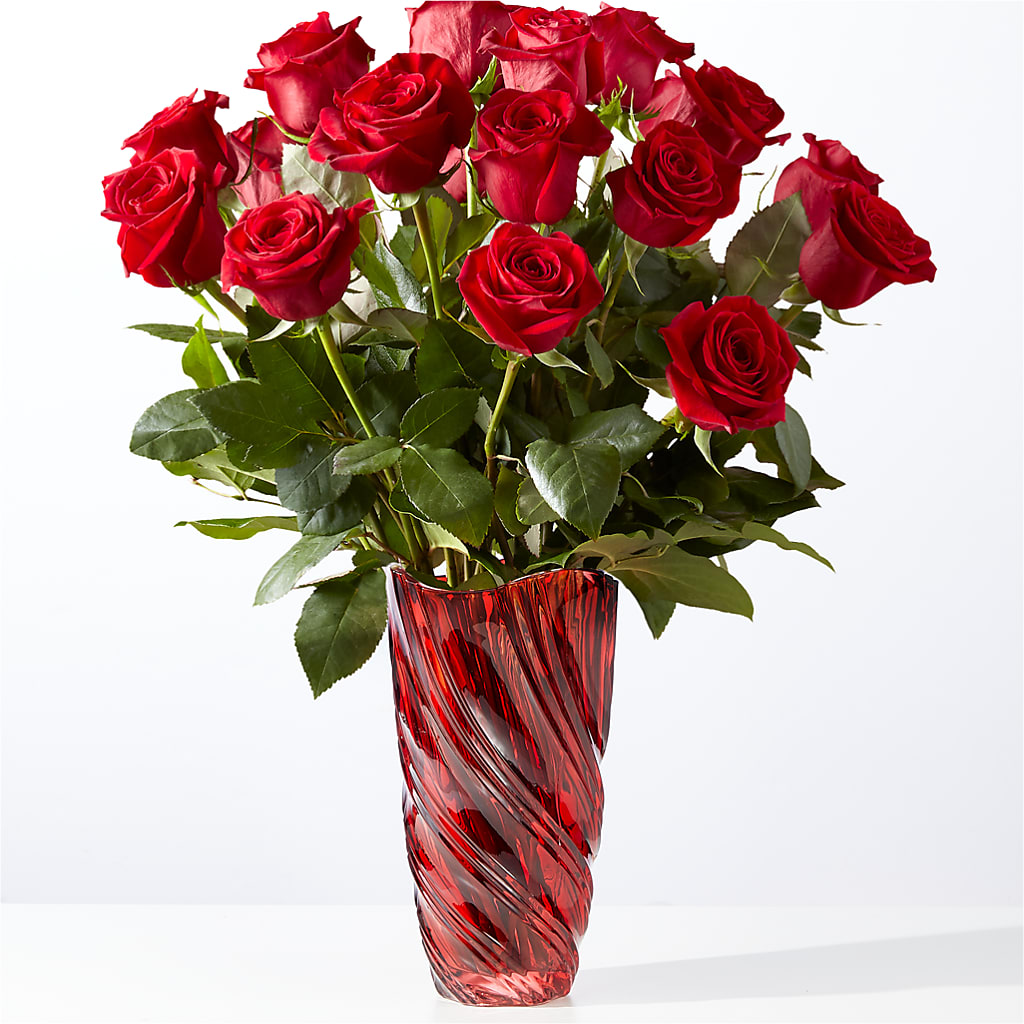Classic Love Red Rose Bouquet with Luxe Swirl Vase – Greenery Plus Florist, Monroe NY