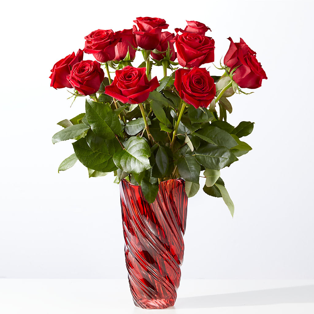 Classic Love Red Rose Bouquet with Luxe Swirl Vase – Greenery Plus Florist, Monroe NY