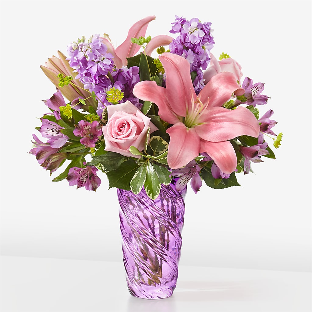 Precious Petals Bouquet with Luxe Swirl Vase – Greenery Plus Florist, Monroe NY