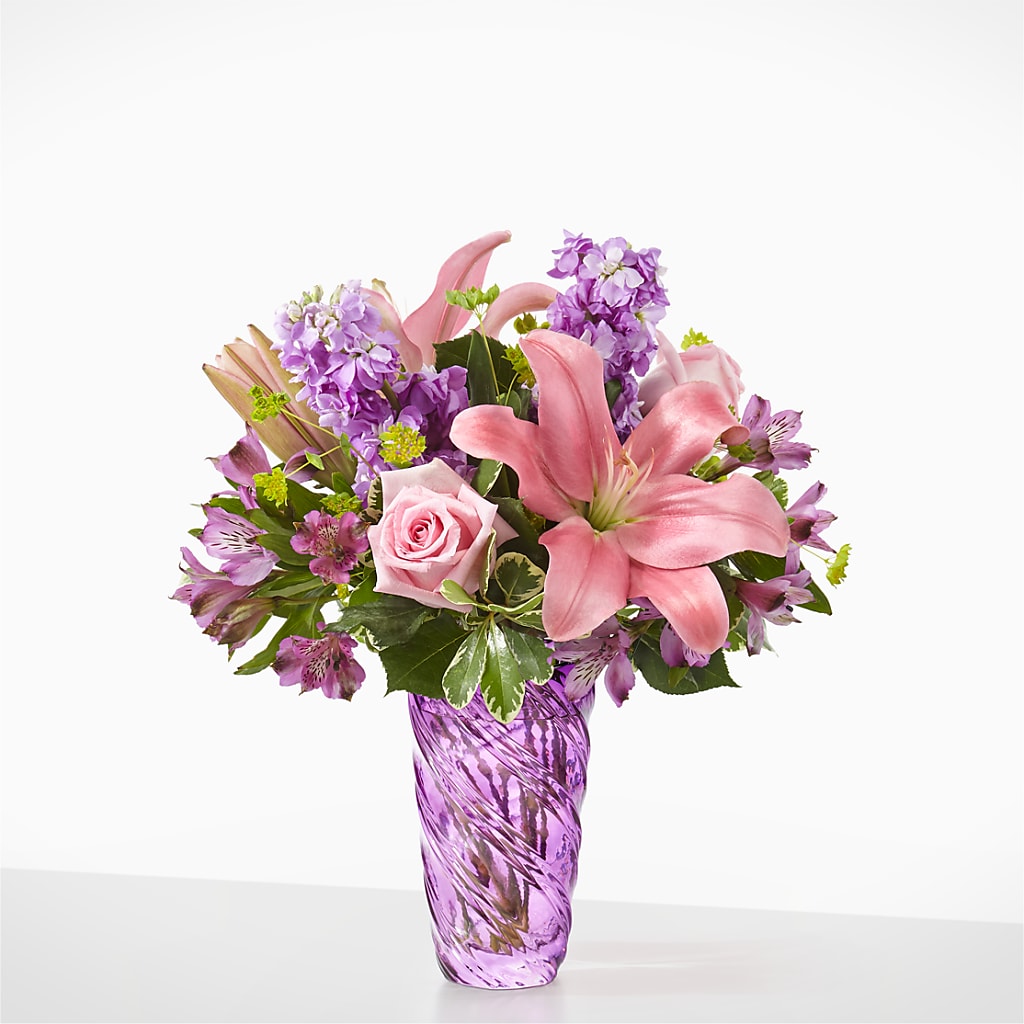 Precious Petals Bouquet with Luxe Swirl Vase – Greenery Plus Florist, Monroe NY