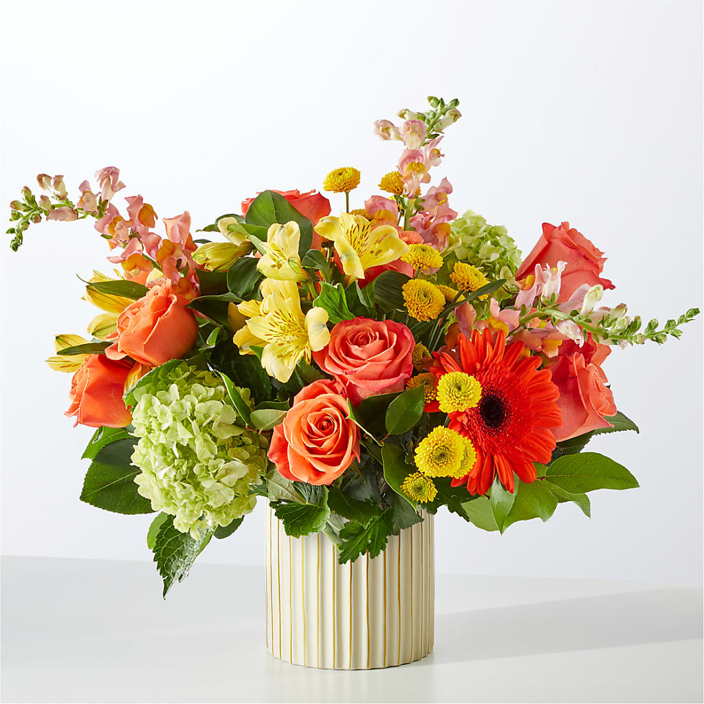Autumn Sunshine Bouquet with Ivory Vase –  Greenery Plus Florist, Monroe NY