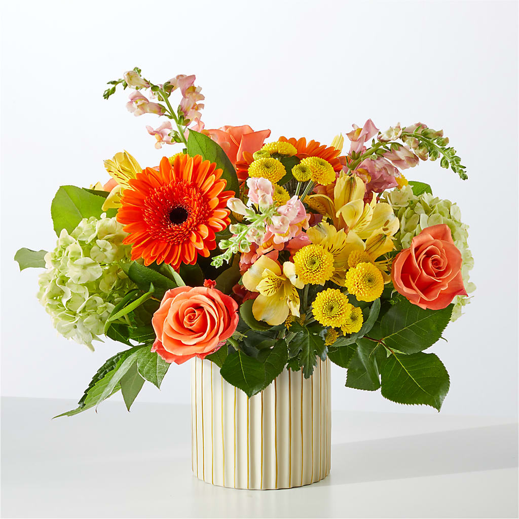 Autumn Sunshine Bouquet with Ivory Vase –  Greenery Plus Florist, Monroe NY