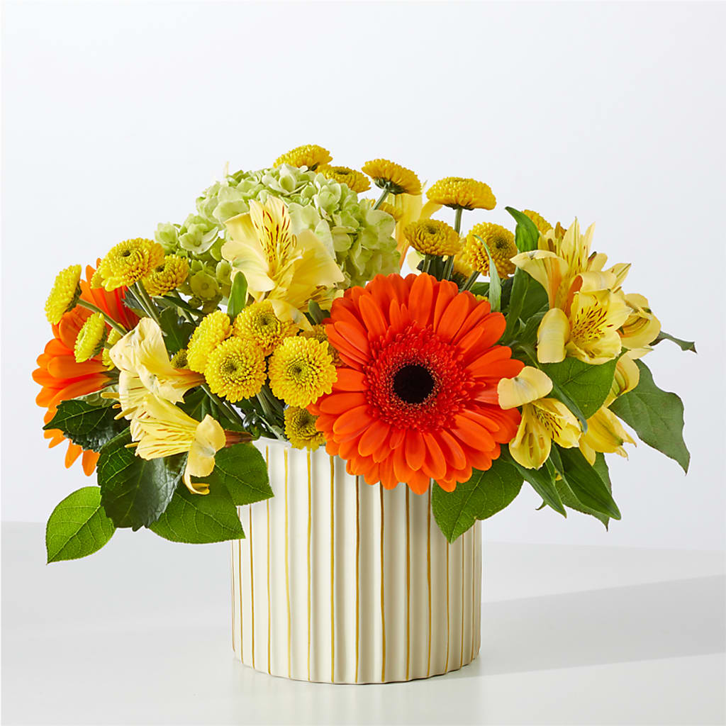 Autumn Sunshine Bouquet with Ivory Vase –  Greenery Plus Florist, Monroe NY